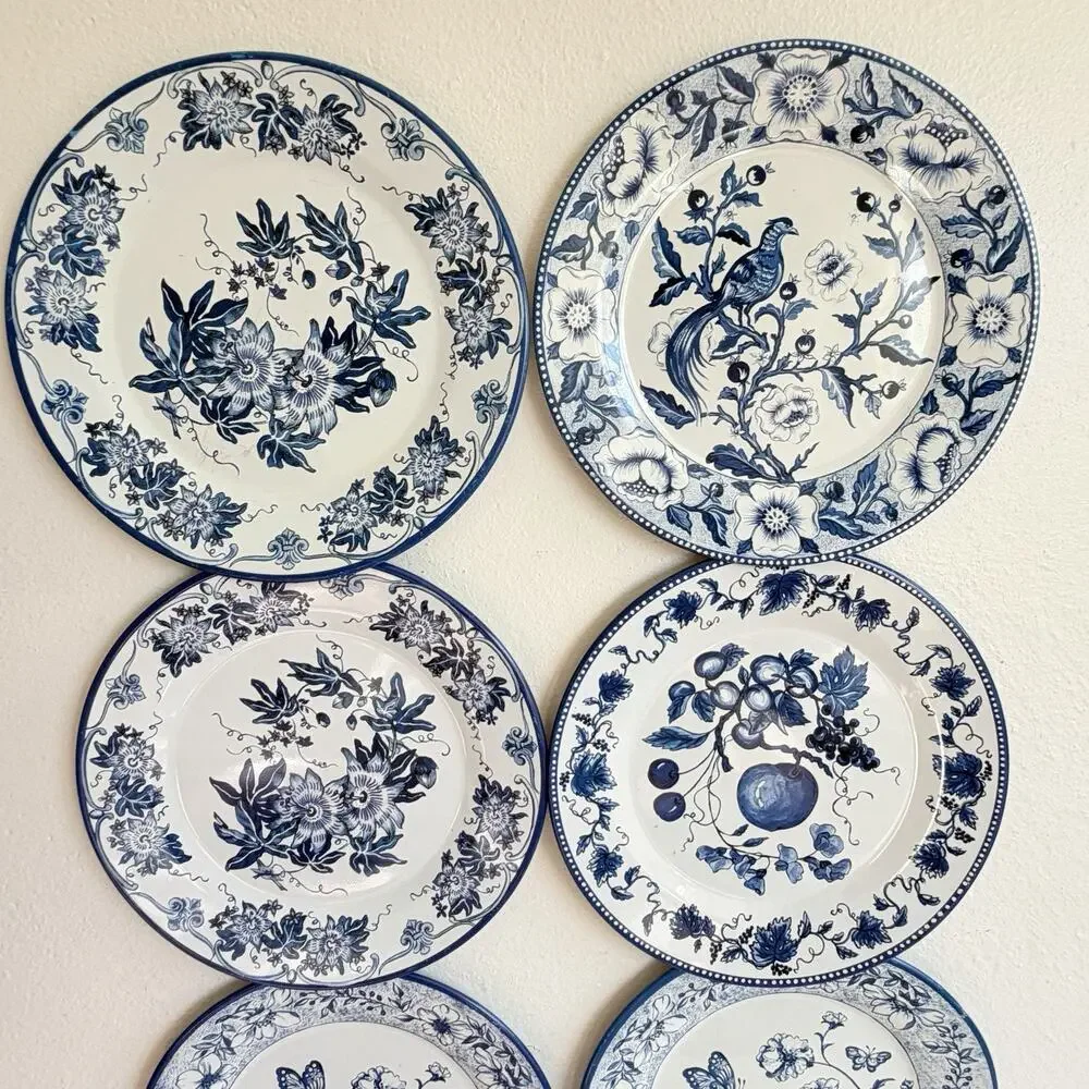 Set of 8 Vintage Restoration Hardware Blue & White Flo Tin Plates 10